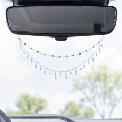 Rear View Mirror Car Charm Green Crystal Double Chain Car Decor - Image 4
