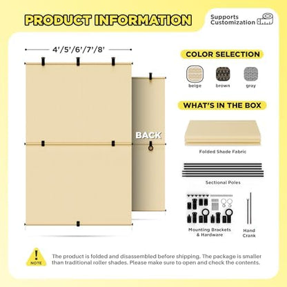 Outdoor Roller Shade 4'W x 6.5'H Cordless Shades Roll Up, Folding Exterior - Image 5