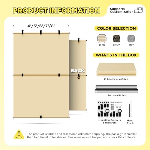 Outdoor Roller Shade 7'W x 6.5'H Cordless Shades Roll Up, Folding Exterior - Image 5
