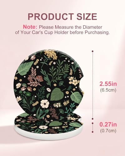 Swooflia Floral Absorbent Ceramic Car Coasters Set of 2, Cute Botanical - Image 2
