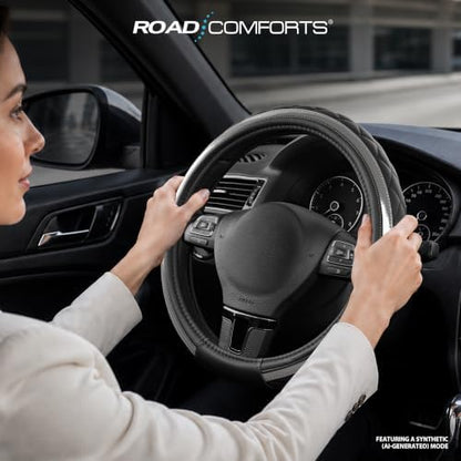 Road Comforts Leather Steering Wheel Cover – Black & Gray, Universal Fit - Image 3