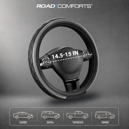 Road Comforts Leather Steering Wheel Cover – Black & Gray, Universal Fit - Image 7