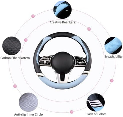 Small 14 inch Cute Leather Steering Wheel Cover Black and Blue - Image 5
