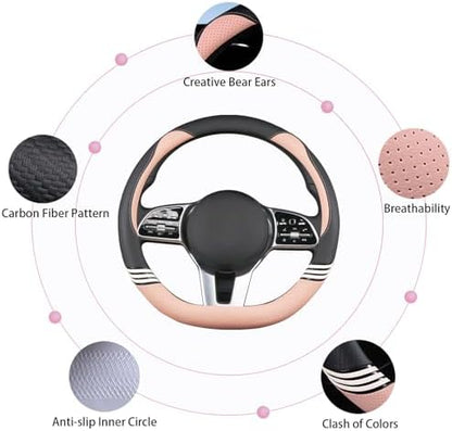14 inch Cute Leather D Shape Steering Wheel Cover Black Pink - Image 5