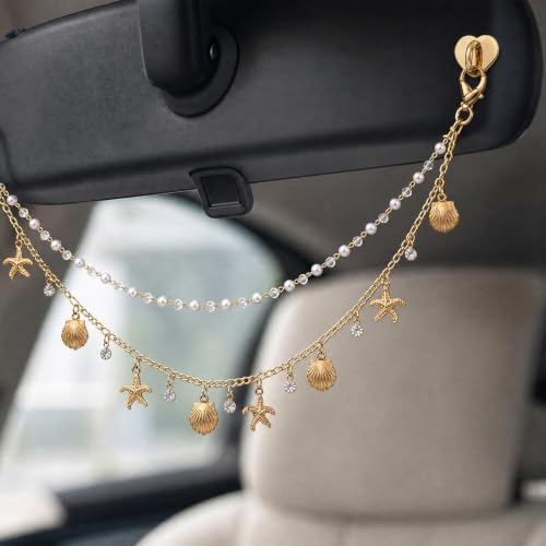 Rear View Mirror Charm Ocean Double Chain Pearl Beach Car Decor - Image 3
