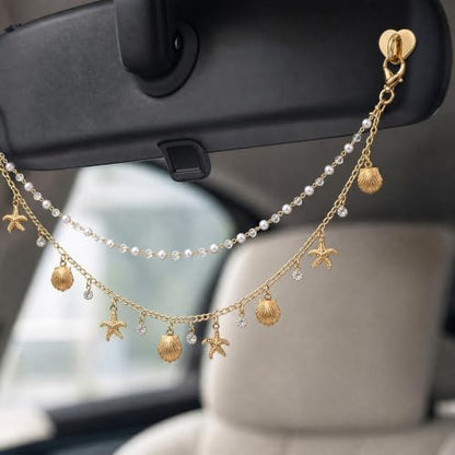 Rear View Mirror Charm Ocean Double Chain Pearl Beach Car Decor - Image 3