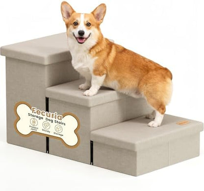 3-Step Wide Dog Stairs with Hidden Storage 18" H, Non-Slip Dog Steps by Fecuria