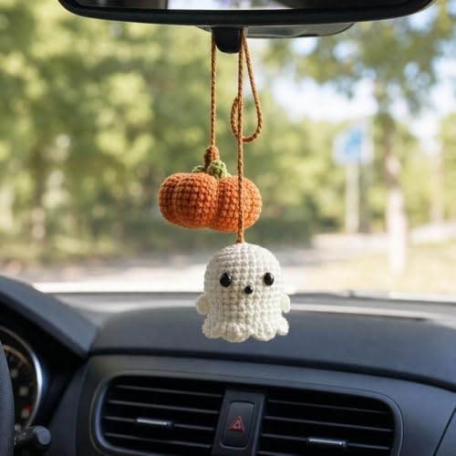 Halloween Crochet Pumpkin Ghost Car Mirror Pendant Charm - Image 6