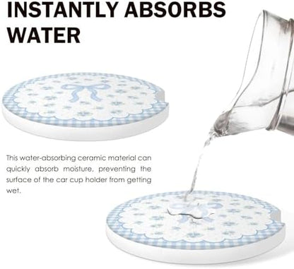 Blue Bow Car Coasters for Cup Holders Set of 2 Floral Absorbent Ceramic Cup - Image 6