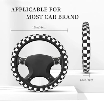 Black and White Checkered Steering Wheel Cover Rubber Anti-Slip 14.5-15 Inch - Image 2