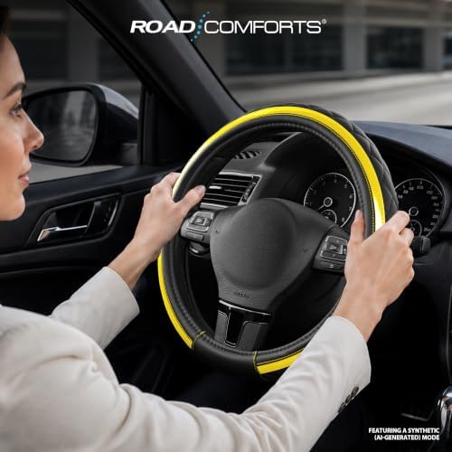 Road Comforts Leather Steering Wheel Cover – Black & Yellow, Universal Fit - Image 3