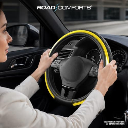 Road Comforts Leather Steering Wheel Cover – Black & Yellow, Universal Fit - Image 3
