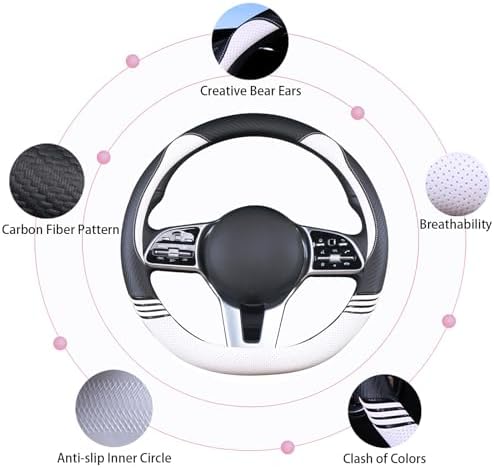 14 inch Cute Leather D Shape Steering Wheel Cover Black White - Image 5