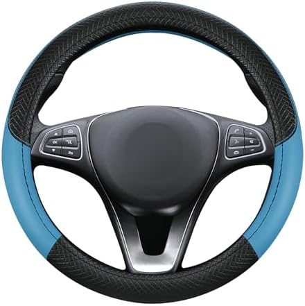Leather Patchwork Black Blue Steering Wheel Cover, 14.5-15 Inch Non-Slip - Image 7