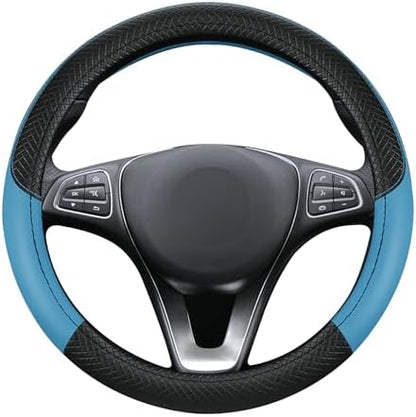 Leather Patchwork Black Blue Steering Wheel Cover, 14.5-15 Inch Non-Slip - Image 7
