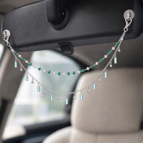 Rear View Mirror Car Charm Green Crystal Double Chain Car Decor - Image 3