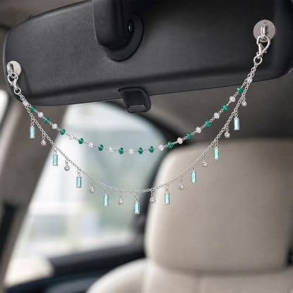 Rear View Mirror Car Charm Green Crystal Double Chain Car Decor - Image 3