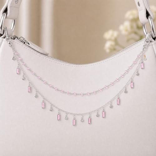 Rear View Mirror Charm Crystal Double Chain Silver Pink Car Decor - Image 6