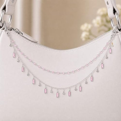 Rear View Mirror Charm Crystal Double Chain Silver Pink Car Decor - Image 6