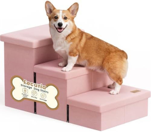 3-Step Wide Dog Stairs with Hidden Storage 18" H, Non-Slip Dog Steps by Fecuria