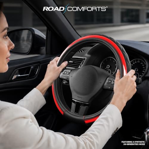 Road Comforts Leather Steering Wheel Cover – Black & Red Universal Fit 14.5-15 - Image 3