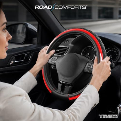 Road Comforts Leather Steering Wheel Cover – Black & Red Universal Fit 14.5-15 - Image 3