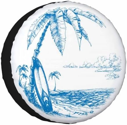 Palm Trees and Sea View Spare Tire Cover Surfing Background Blue Line Drawing by NOMEDOGYIM