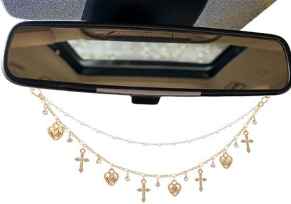 Rear View Mirror Cross Charm Double Chain Catholic Faith Car Decor by LuneClat
