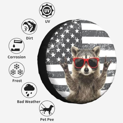 Funny Raccoon Spare Tire Cover Black White American Flag - Image 6