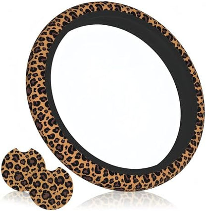 Cheetah Print Steering Wheel Cover 15In + 2 Leopard Car Coasters by Unknown