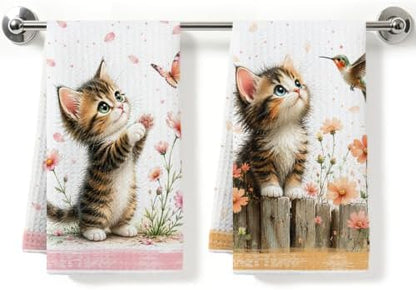 2 Pcs Cute Cat Kitchen Towels, Cat Theme Soft Absorbent Hand Tea Towels 02 by ZHAMEN