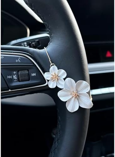 Steering Wheel Charm Accessory Hibiscus White Flower Chain Pendant Car Decor by JOYTEZZ