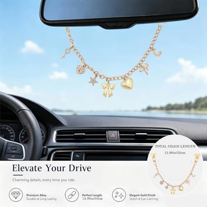 Gold Pendant Rearview Mirror Charm Boho Aesthetic Heart Bowknot - Image 2