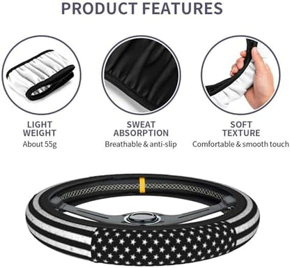American Flag Black Steering Wheel Cover 15 in + 2 Pieces USA Car Coasters - Image 3
