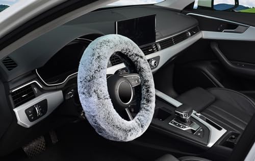 KAFEEK Fluffy Winter Steering Wheel Cover, Universal 15 Inch, Frost Grey - Image 5