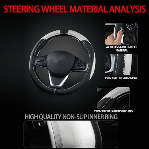 BESULEN 15 Inch Steering Wheel Cover Soft Leather Protector Black/White - Image 4
