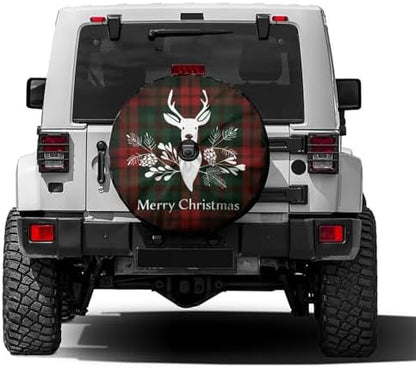 Merry Christmas Deer Tartan Plaid Buffalo Spare Tire Cover by Foruidea