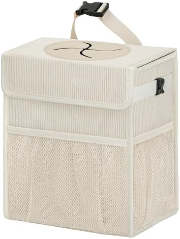 Corduroy Car Trash Can with Lid and Mesh Pockets by Unknown
