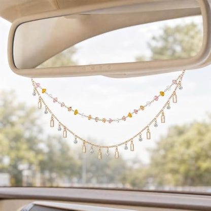 Rear View Mirror Charm Gold Yellow Zircon Double Chain Car Decor - Image 4