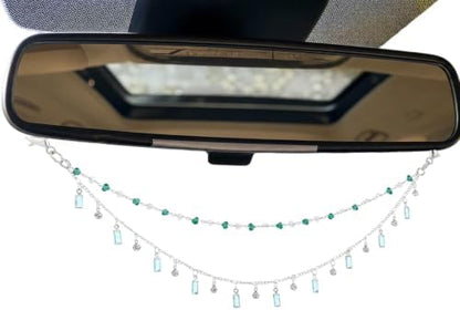 Rear View Mirror Car Charm Green Crystal Double Chain Car Decor by LuneClat