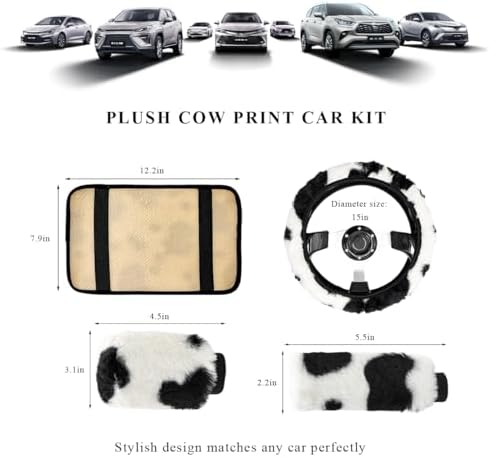 4 PCS Cow Print Car Accessories Set, Cute Cow Print Plush Wheel Shift Knob - Image 2