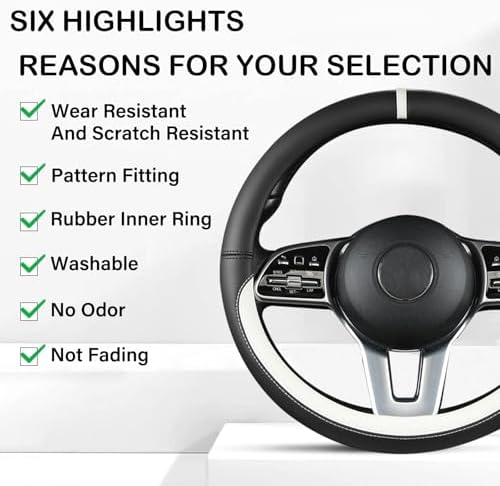 Black & White Nappa Leather Steering Wheel Cover, 14.5-15 inch Universal Car - Image 3