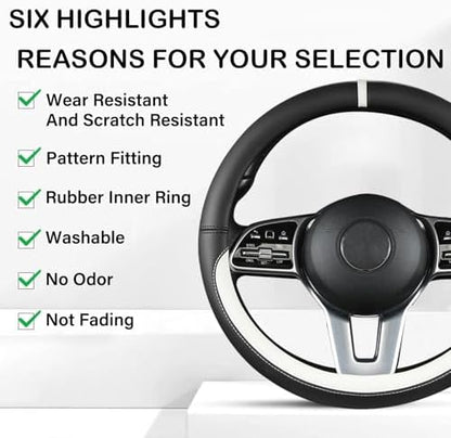 Black & White Nappa Leather Steering Wheel Cover, 14.5-15 inch Universal Car - Image 3