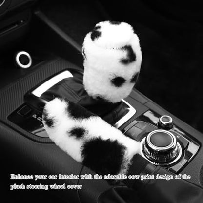 4 PCS Cow Print Car Accessories Set, Cute Cow Print Plush Wheel Shift Knob - Image 5