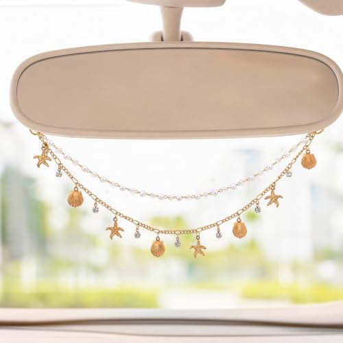 Rear View Mirror Charm Ocean Double Chain Pearl Beach Car Decor - Image 4