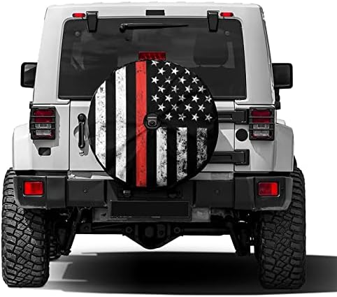 USA Patriotic Firefighter Thin Red Line Flag Spare Tire Cover by Foruidea