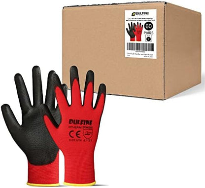DULFINE Safety Work Gloves for Men 60 Pairs, Ultra-Thin PU Coated Red S by DULFINE