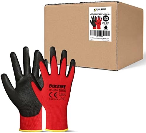 DULFINE Safety Work Gloves for Men 60 Pairs, Ultra-Thin PU Coated Red XL by DULFINE