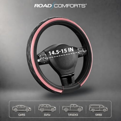 Road Comforts Leather Steering Wheel Cover – Black & Pink, Universal Fit - Image 7