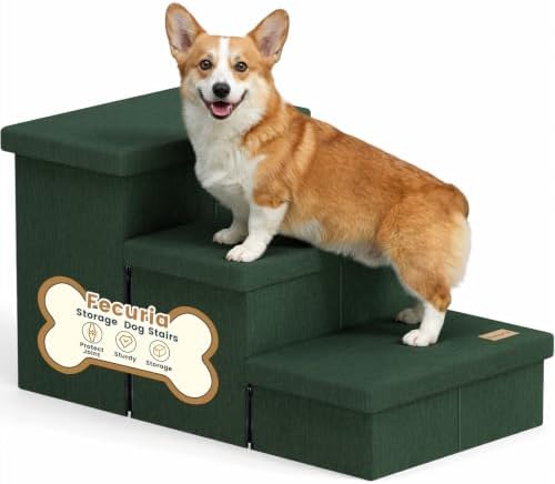 3-Step Wide Dog Stairs with Hidden Storage 18" H, Non-Slip Dog Steps by Fecuria